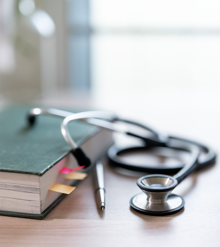A stethoscope resting on a desk